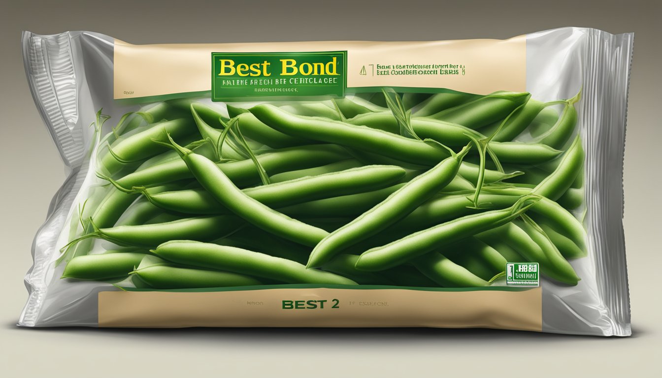 Fresh green beans in a sealed Earthbound Farm package, with a "best by" date displayed, being stored in a refrigerator