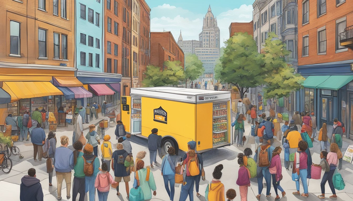 A bustling Pittsburgh street, with a colorful community fridge surrounded by people donating and taking food