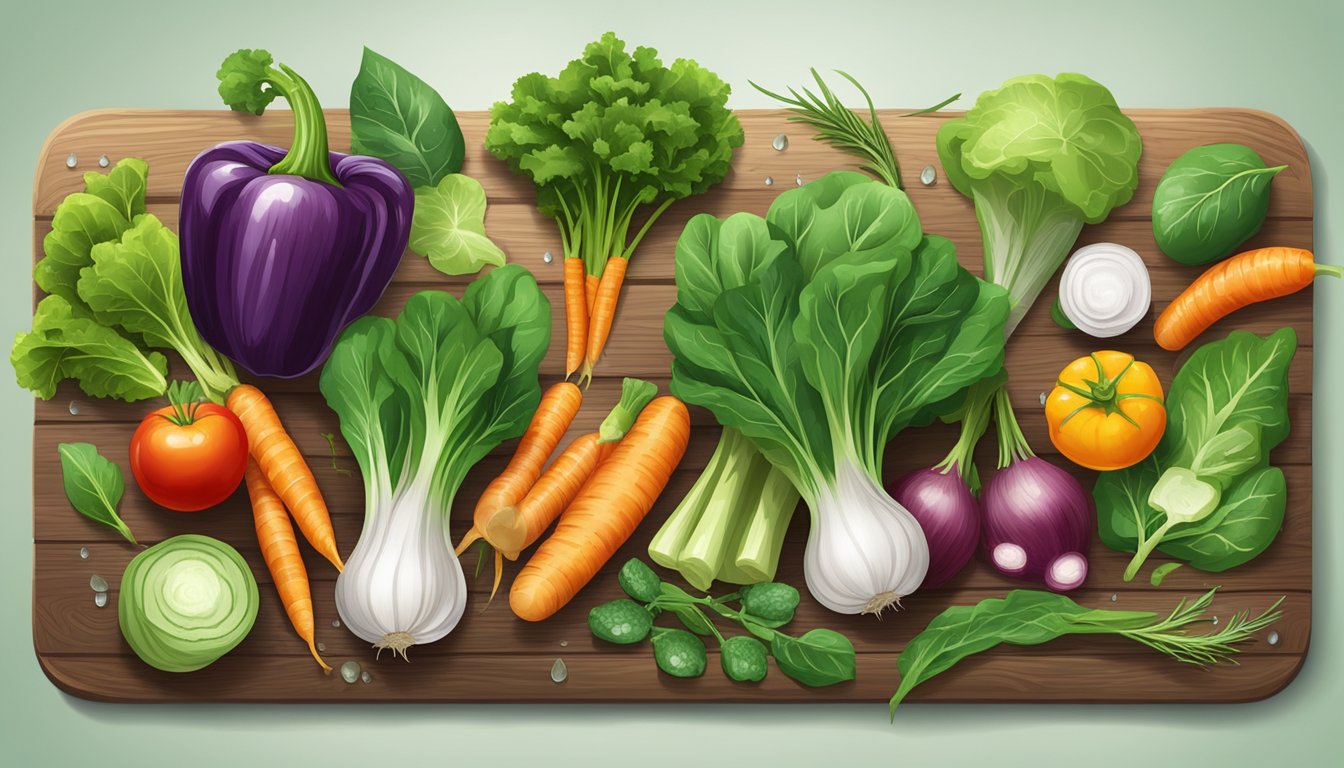 A colorful assortment of fresh organic greens and vegetables arranged on a rustic wooden cutting board, with droplets of water glistening on the leaves