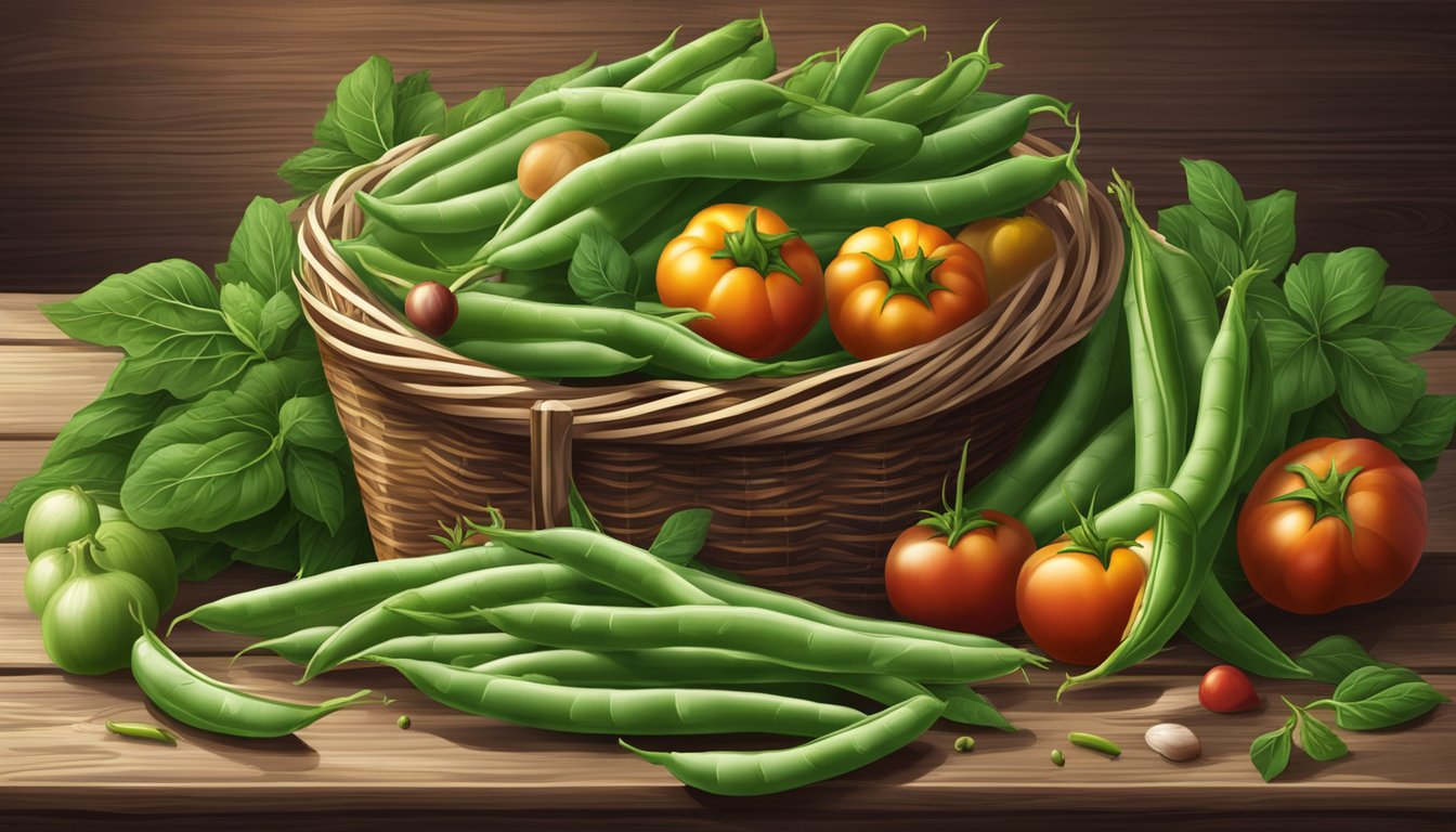 A colorful array of fresh organic green beans spilling out of a wicker basket onto a rustic wooden table, surrounded by vibrant vegetables and herbs