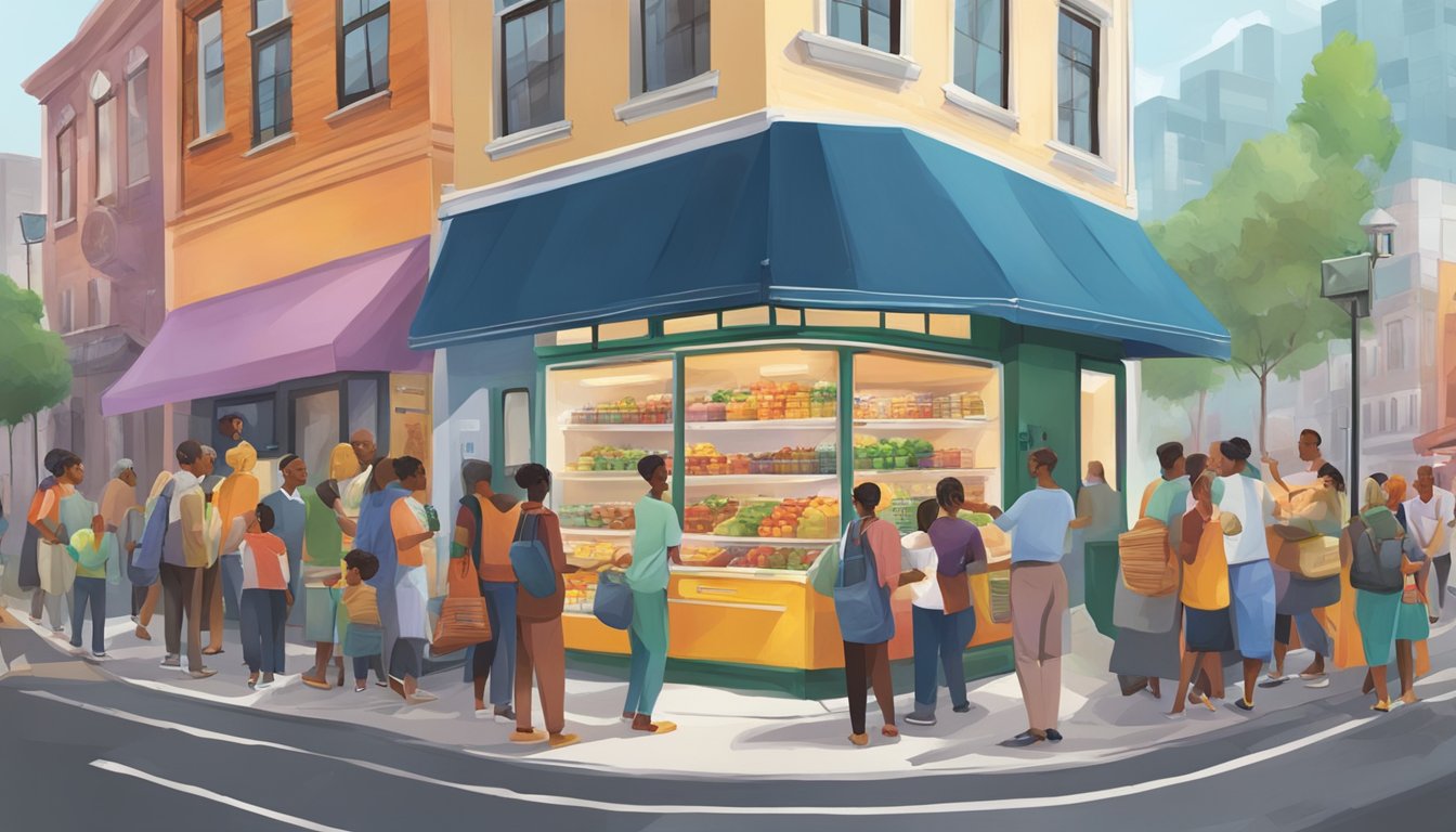 A bustling street corner with a colorful community fridge surrounded by diverse individuals exchanging food and goods