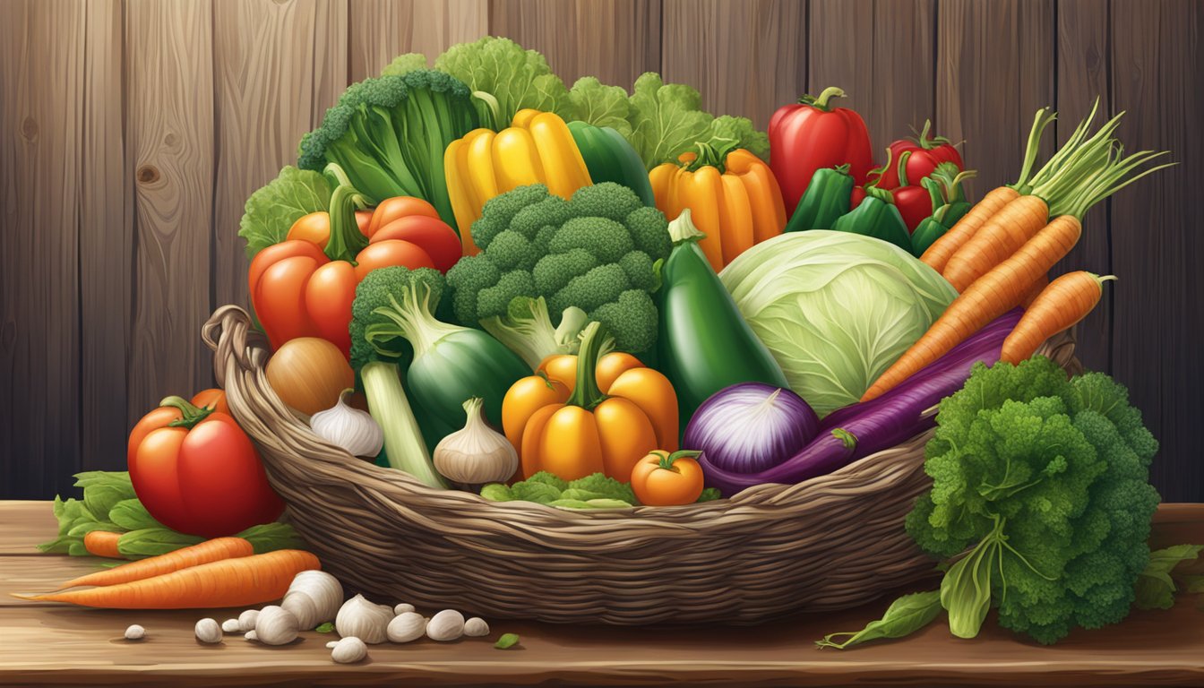 A colorful array of Earthbound Farm Organic Mixed Vegetables spilling out of a rustic, woven basket onto a weathered wooden tabletop