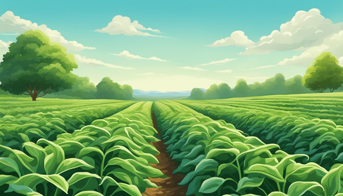 A lush green field of organic green bean plants stretching towards the horizon, with clear blue skies and a gentle breeze rustling the leaves