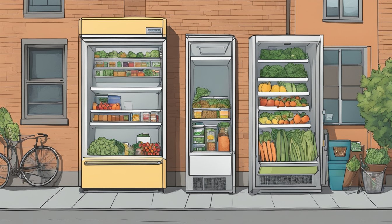 A community fridge nestled in a bustling Pittsburgh neighborhood, filled with fresh produce and pantry staples, surrounded by diverse local resources