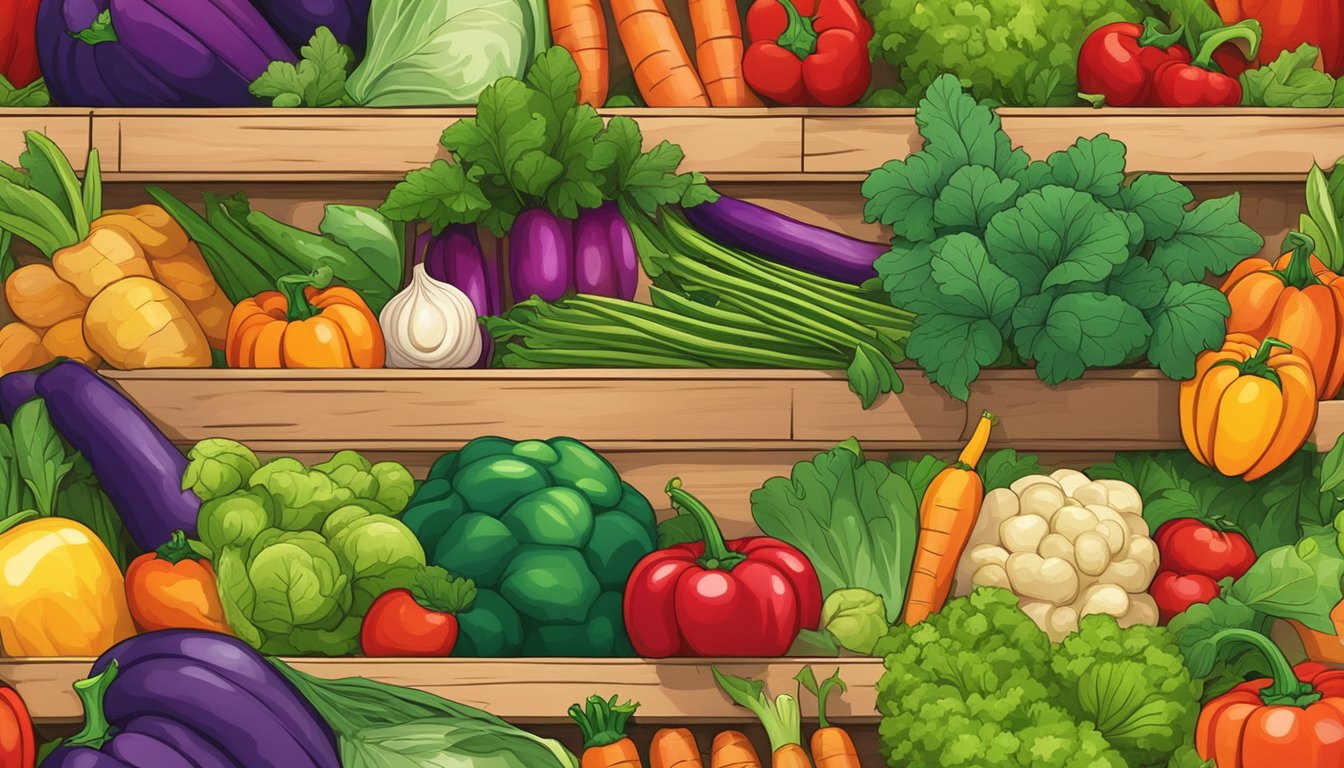 A vibrant field of colorful organic vegetables, freshly harvested and neatly arranged in a wooden crate, surrounded by lush greenery and clear blue skies