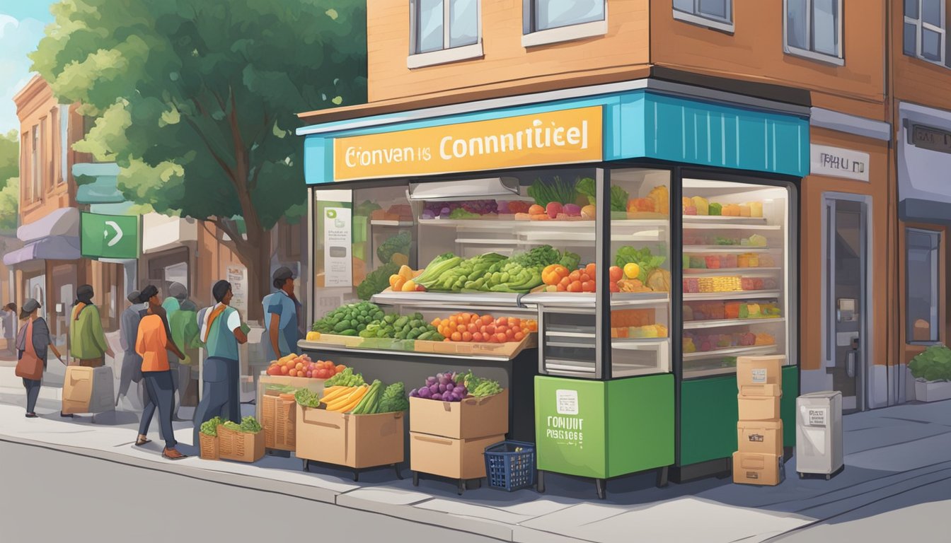 A colorful community fridge stands on a busy street corner, surrounded by diverse buildings and people. It is filled with fresh produce and packaged goods, with a sign inviting all to take what they need