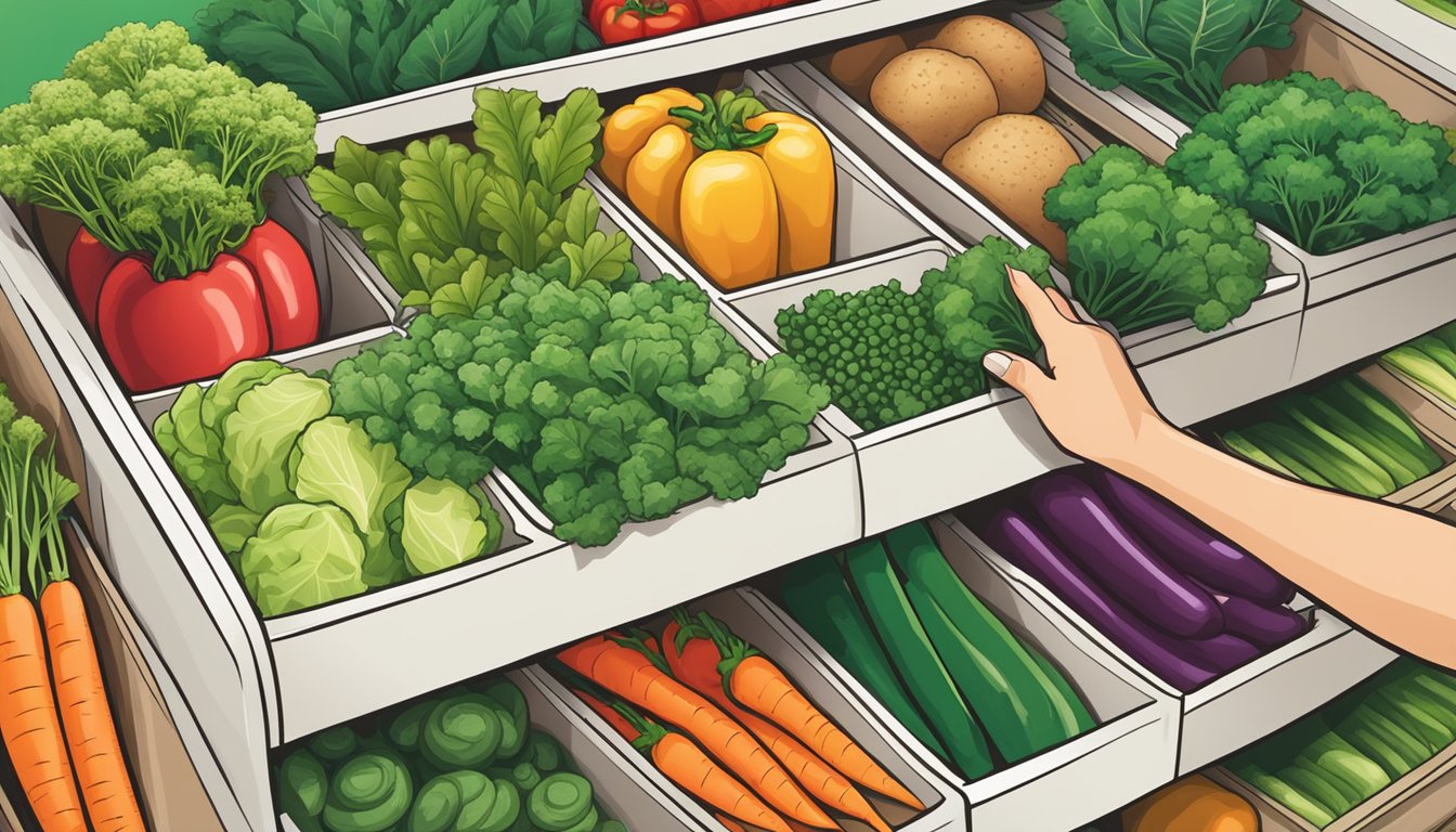 A hand reaching for a package of Earthbound Farm organic mixed vegetables on a grocery store shelf, surrounded by an array of fresh greens