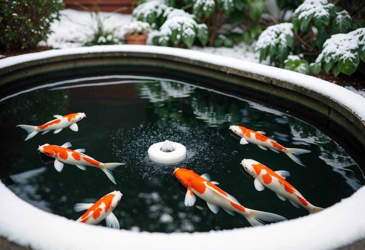 A koi pond with a small pond de-icer floating on the surface, surrounded by winter foliage and possibly a light dusting of snow