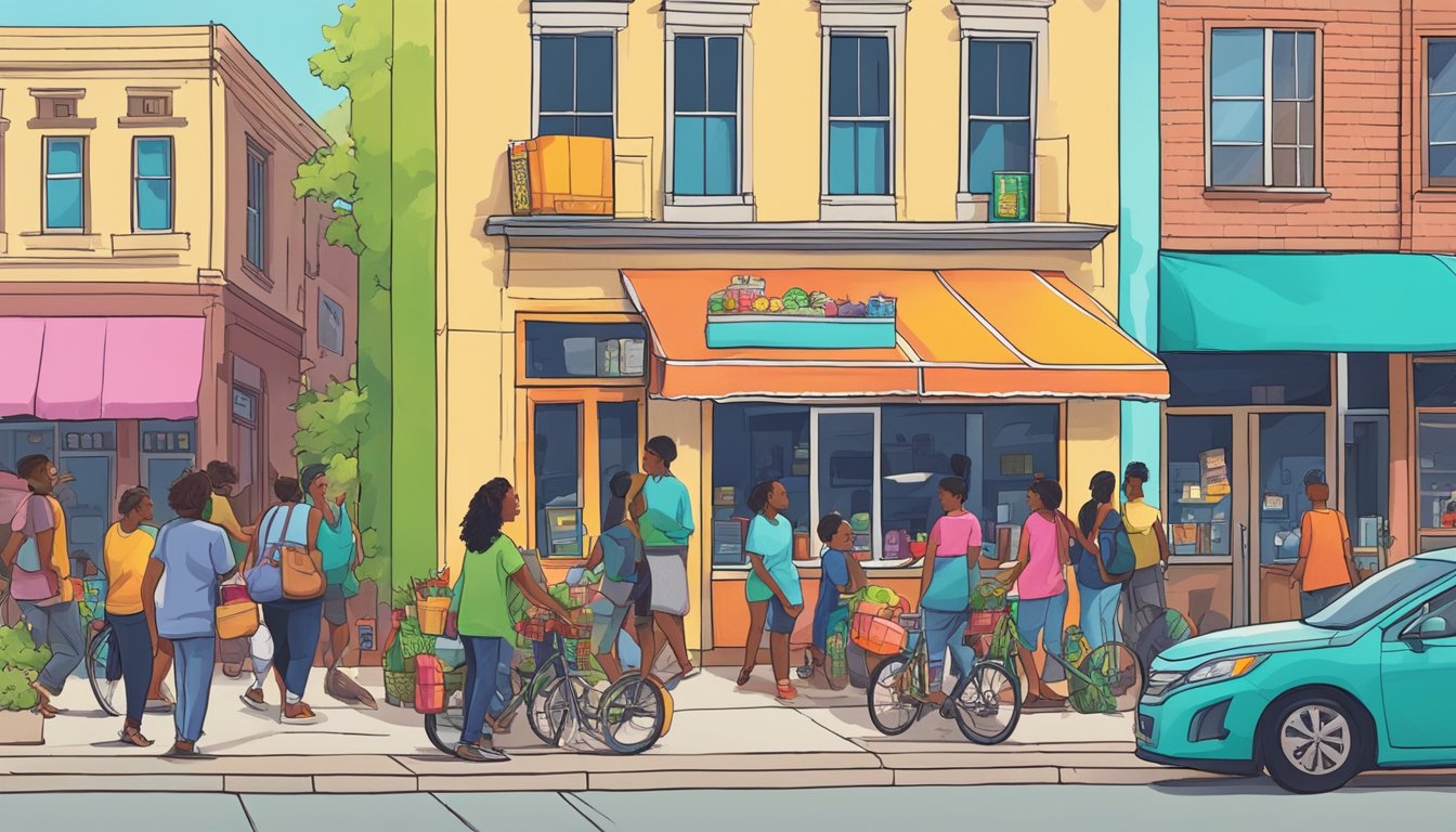 A colorful, bustling street corner in Denton, TX, with a brightly decorated fridge and a diverse group of people dropping off and picking up food