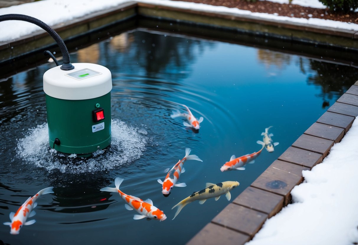 A serene koi pond in the midst of winter, with a temperature control pond de-icer gently bubbling to keep the water from freezing, ensuring the safety and well-being of the colorful fish below