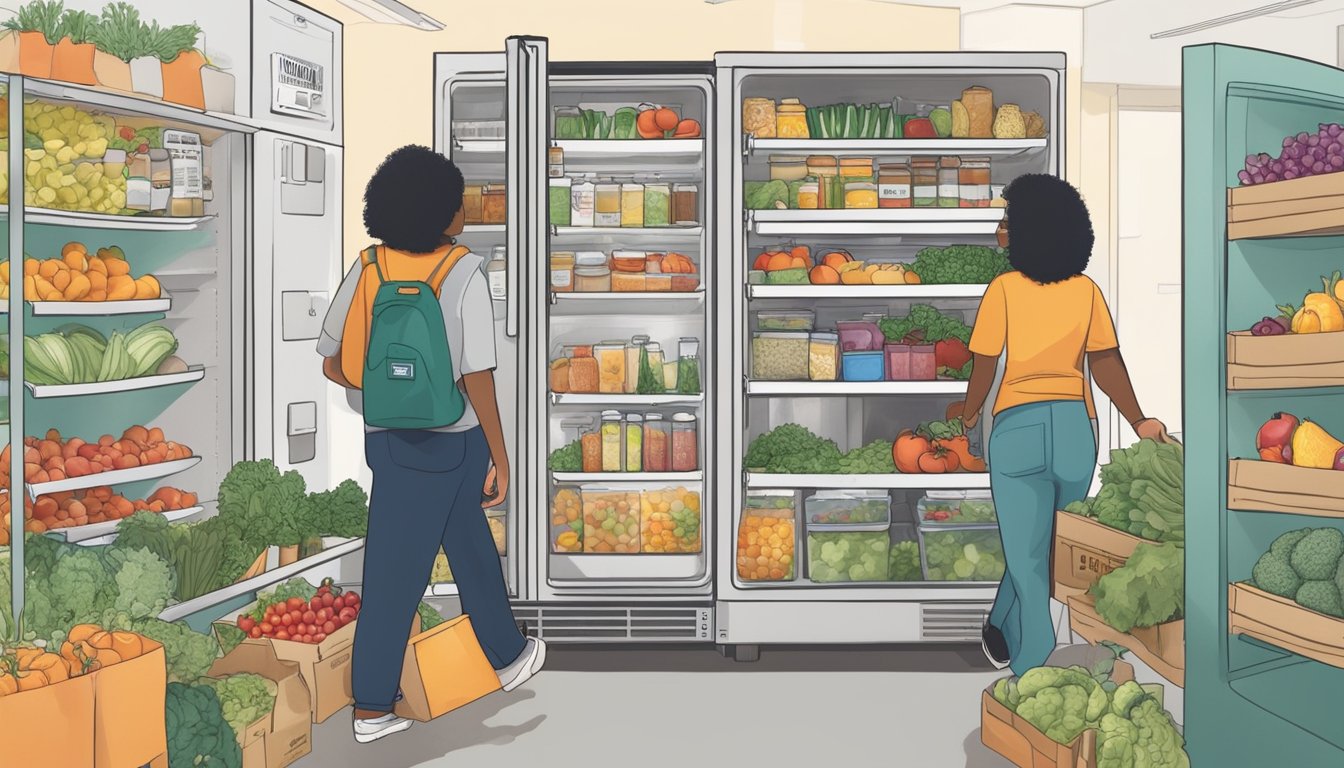 A bustling local community fridge in Denton, TX, filled with fresh produce and packaged goods, with people coming and going