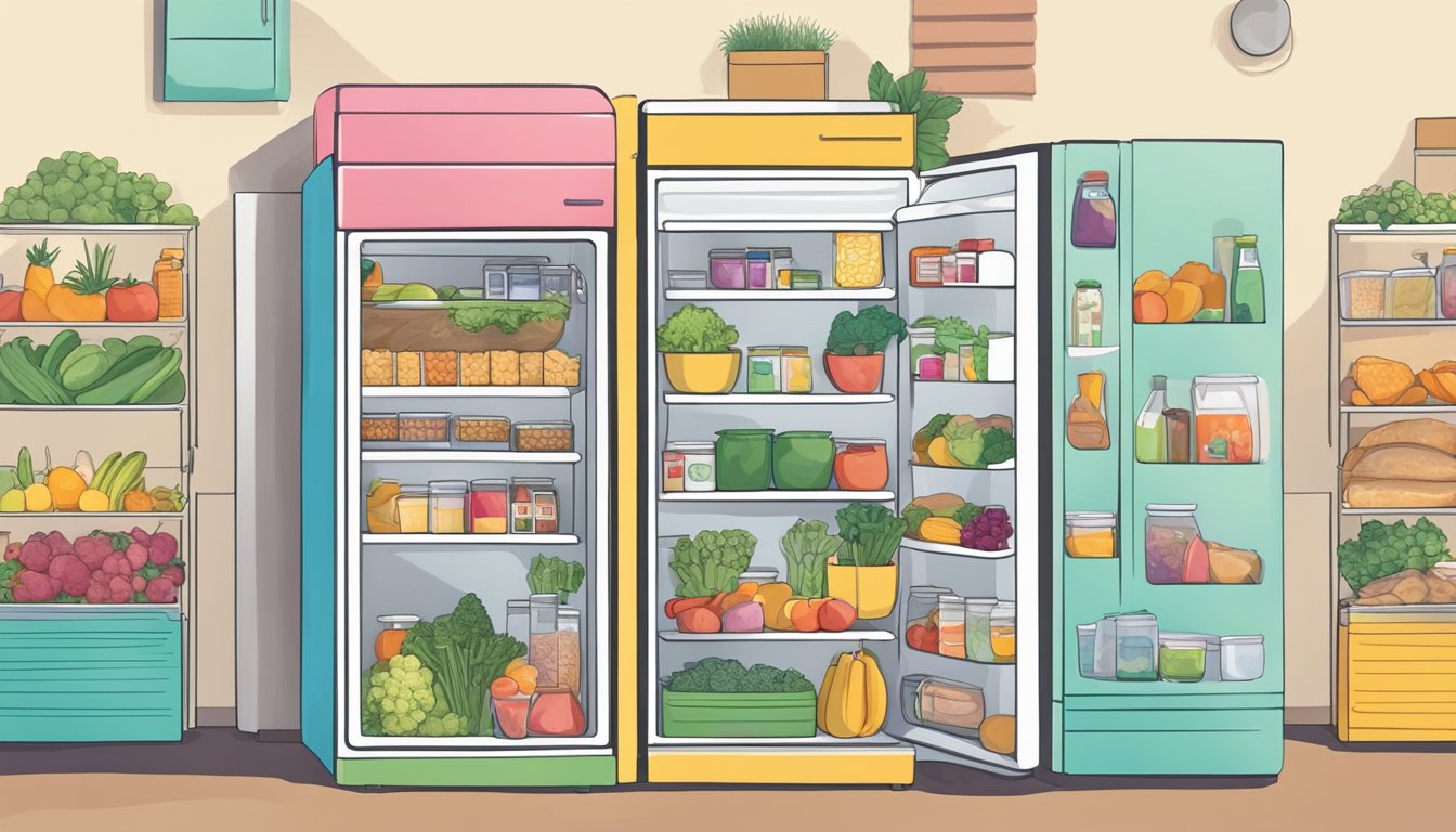 A colorful community fridge surrounded by diverse food items, with people from the local college station, tx community coming together to contribute and take what they need