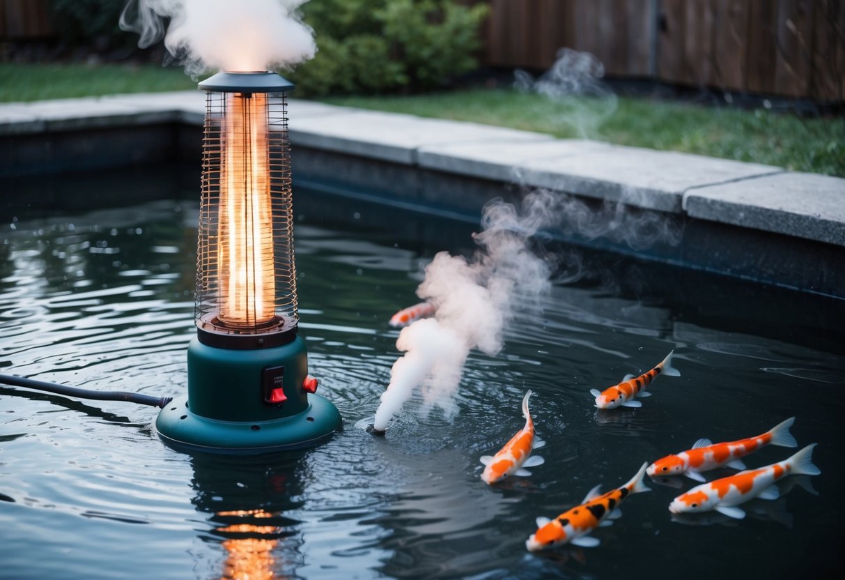 A pond heater sits at the edge of a koi pond, surrounded by icy water. Steam rises from the open water, creating a small area of warmth