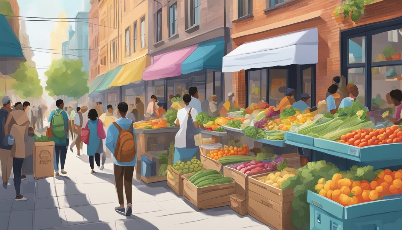 A bustling city street with a colorful, open-air community fridge filled with fresh produce and food donations. People are seen coming and going, taking and leaving items