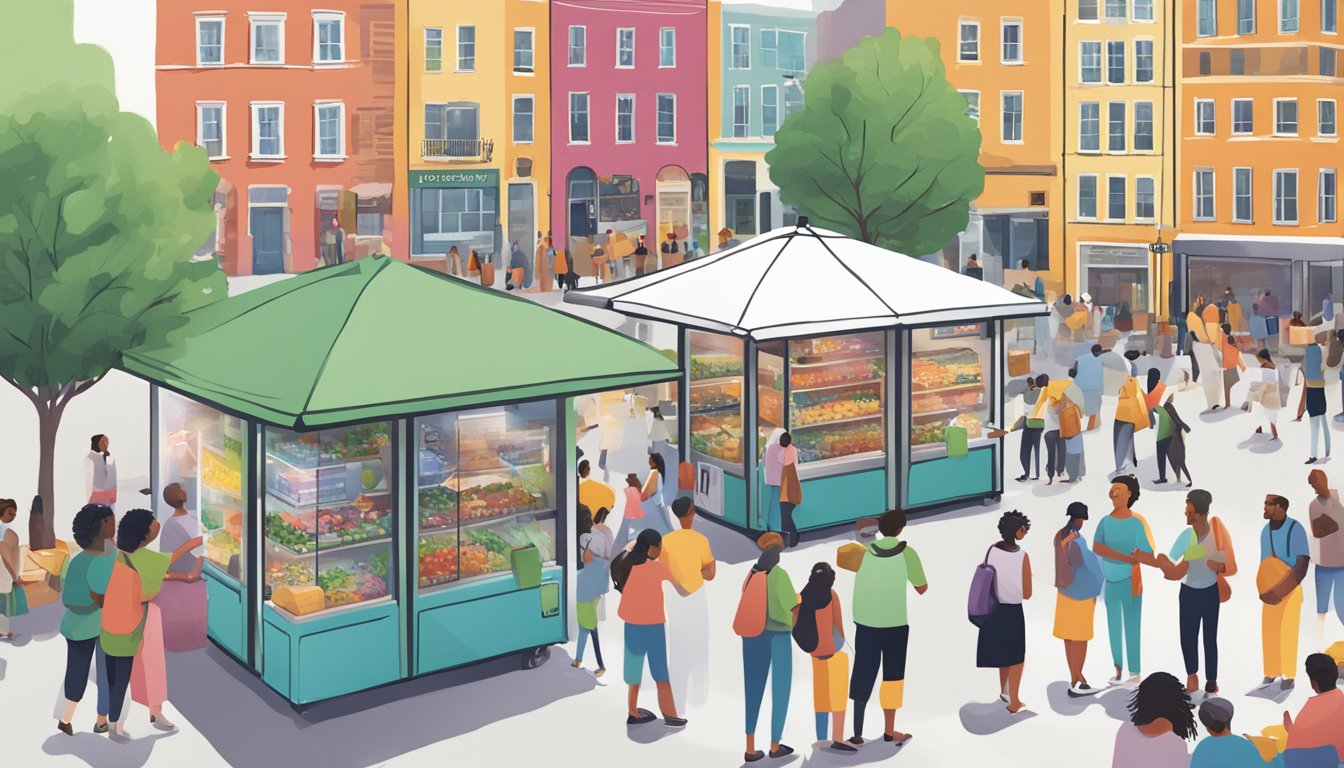 A bustling town square with a colorful local community fridge surrounded by people interacting and promoting the initiative