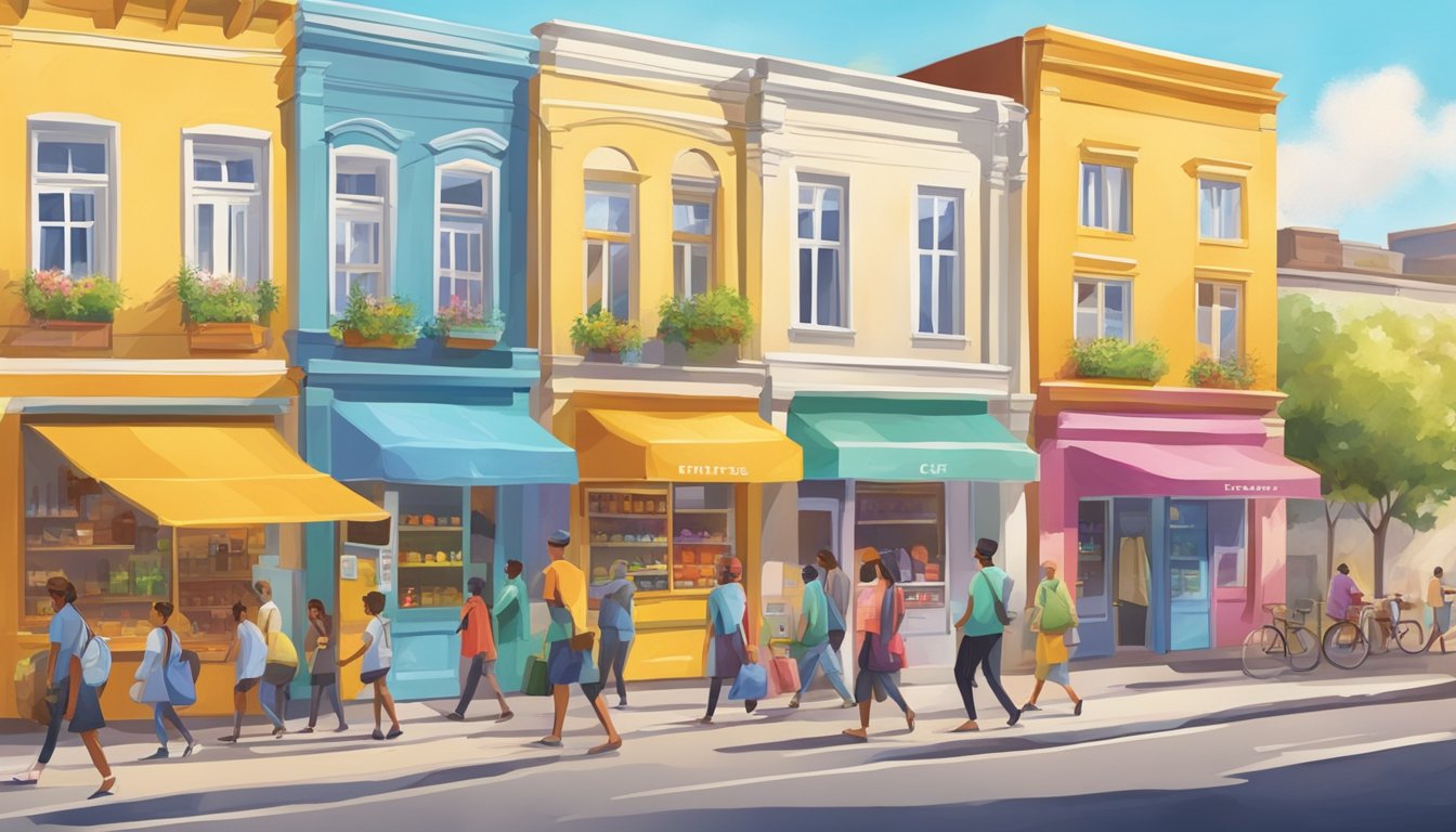 A sunny street corner with colorful community fridges and people coming and going