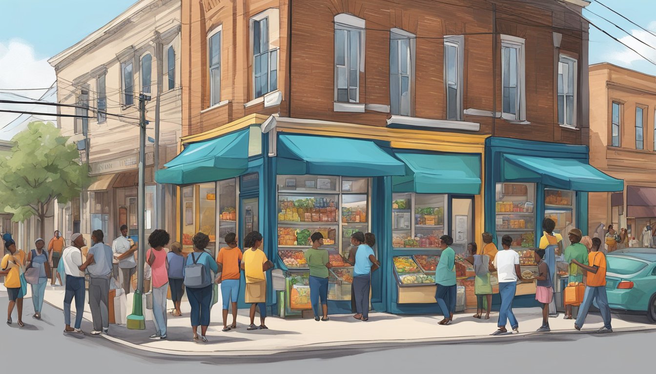 A bustling street corner in Columbia, SC, with a colorful community fridge surrounded by people exchanging food and goods