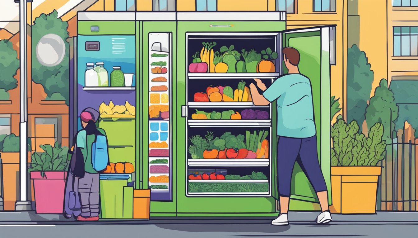 A person placing fresh produce and canned goods into a brightly painted community fridge on a sunny day in College Station, TX