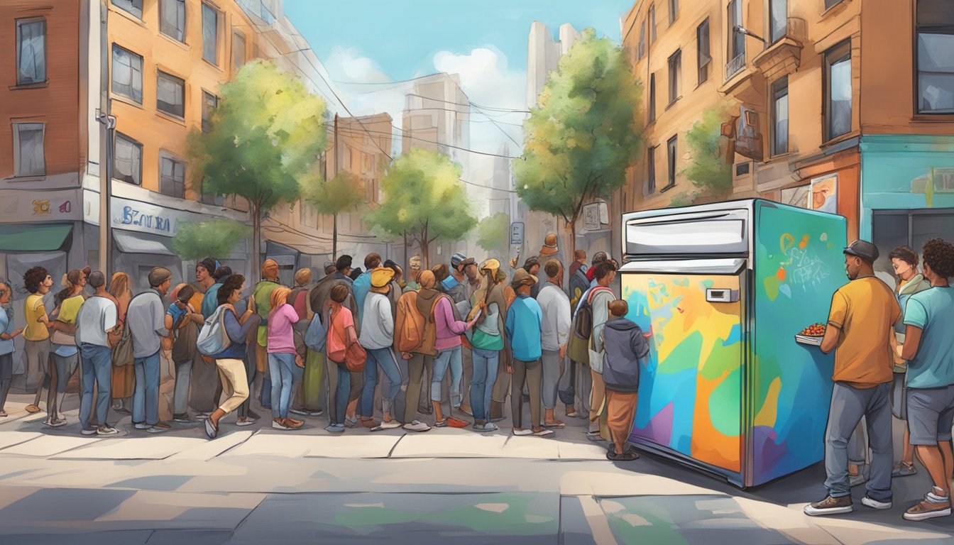 A bustling street corner with a colorful, graffiti-covered refrigerator surrounded by a diverse group of people donating and taking food