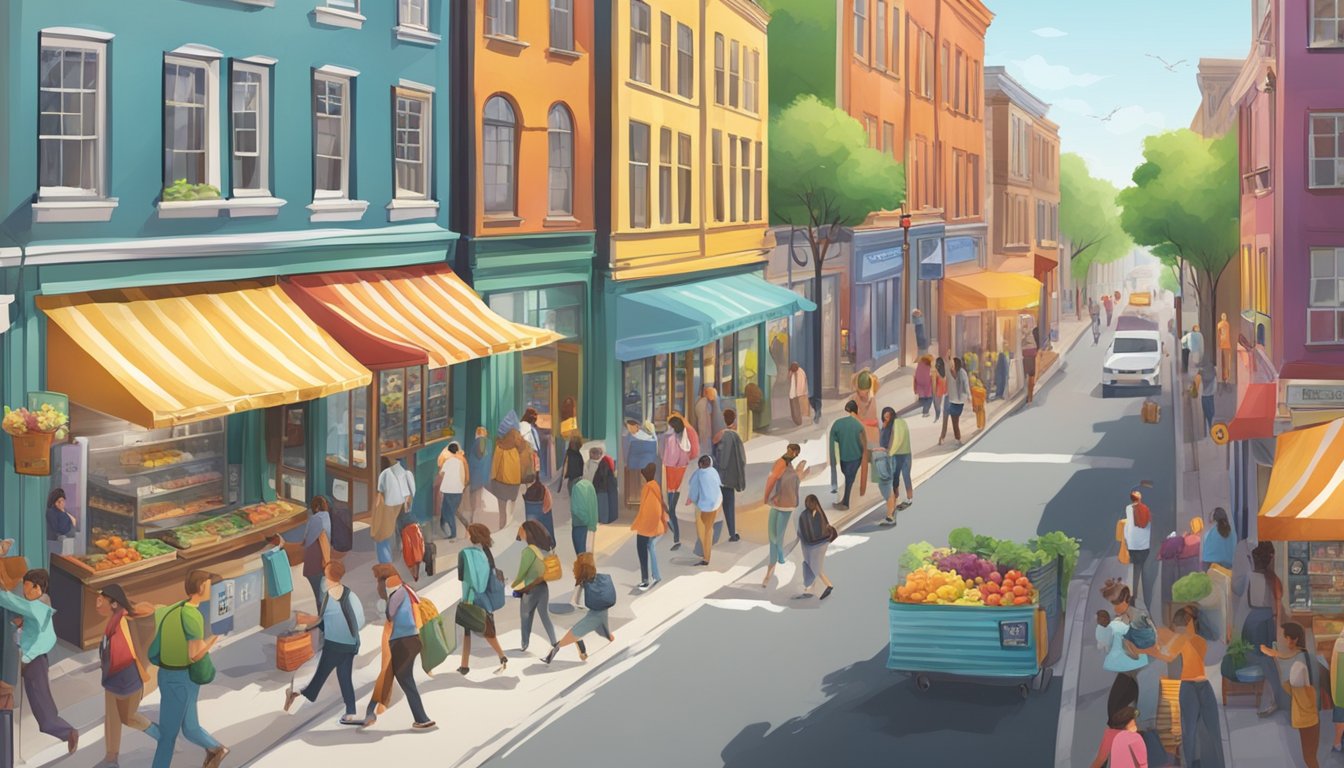 A bustling college town street with a colorful community fridge filled with free food and people coming and going