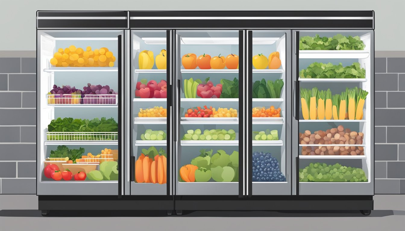 A well-stocked community fridge in Columbia, SC, with fresh produce and labeled shelves for organization