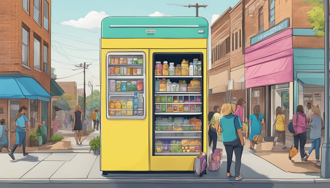 A colorful community fridge in Denton, TX, surrounded by diverse local landmarks and people donating or taking food