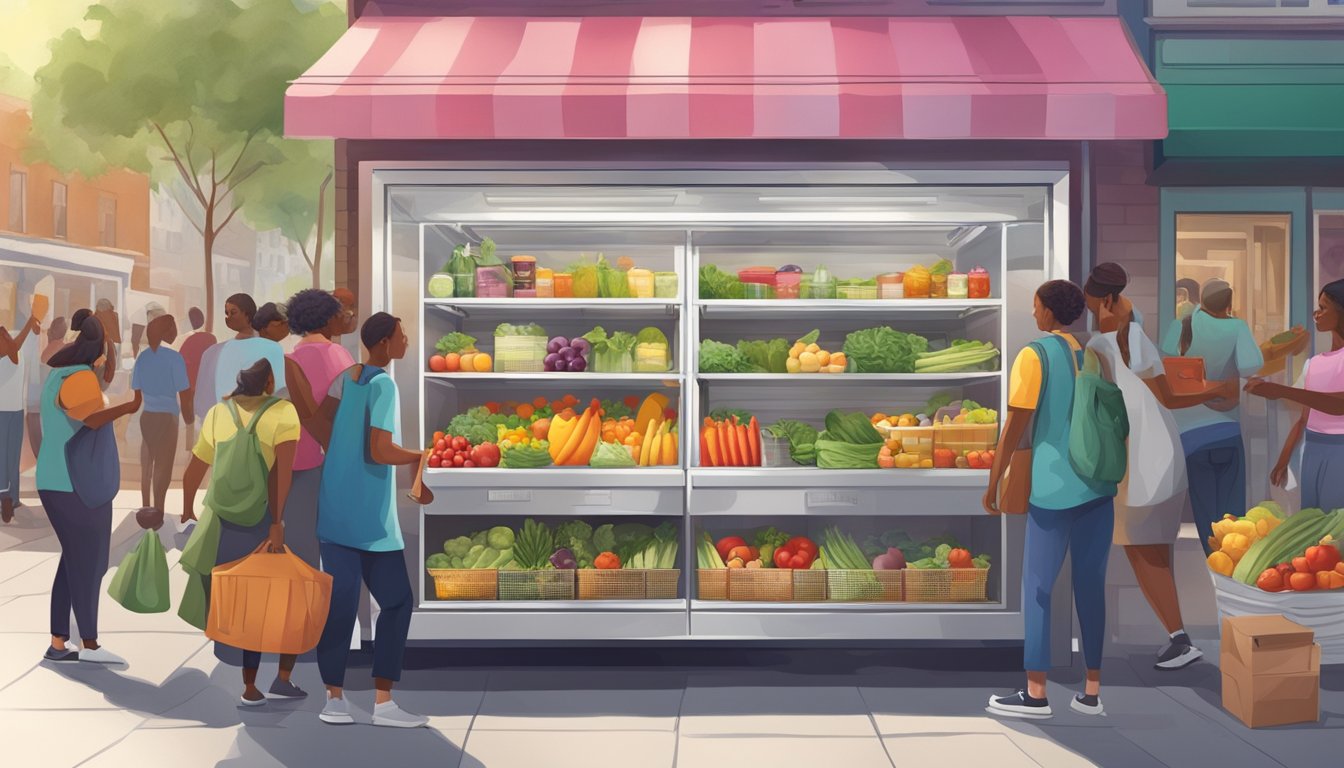 A colorful local community fridge filled with fresh produce and canned goods, surrounded by eager volunteers and community members