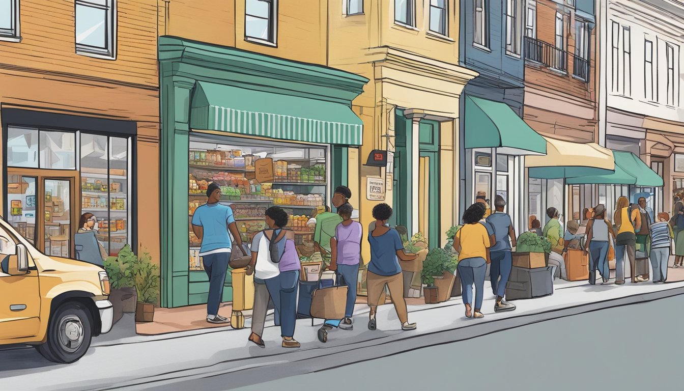 A bustling street with diverse local businesses and organizations surrounding a community fridge in Columbia, SC