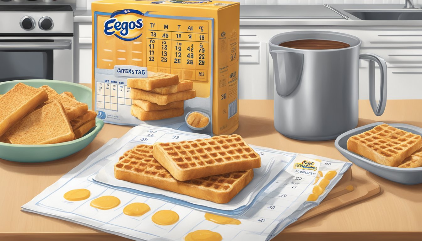 A box of Eggo French toast sticks sits on a kitchen counter next to a calendar with the date circled. The sticks are sealed in a plastic bag, and the expiration date is clearly visible