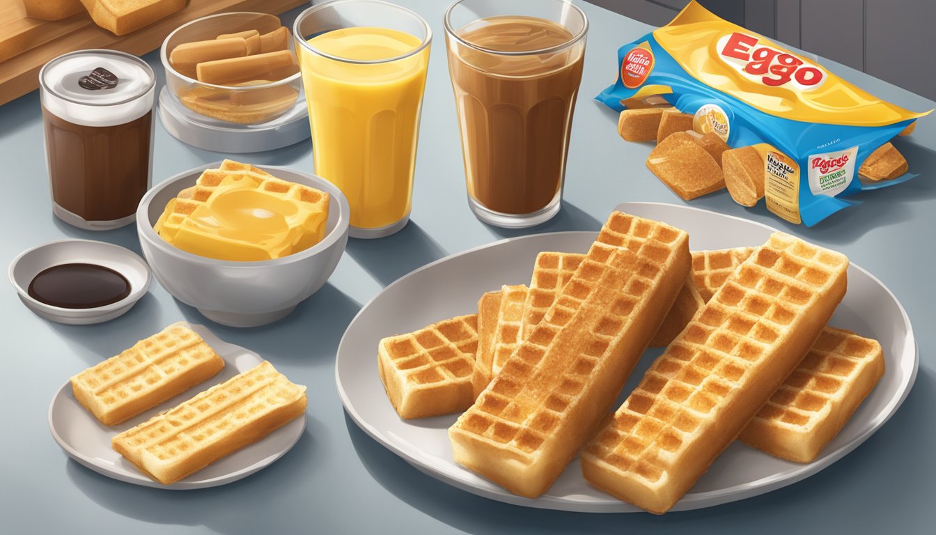 Eggo French toast sticks in a sealed package, expiration date visible, surrounded by breakfast items on a kitchen counter