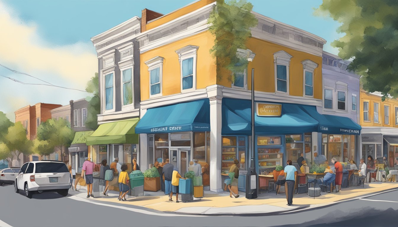 A bustling street corner in Columbia, SC, with a colorful community fridge surrounded by diverse local businesses and residents