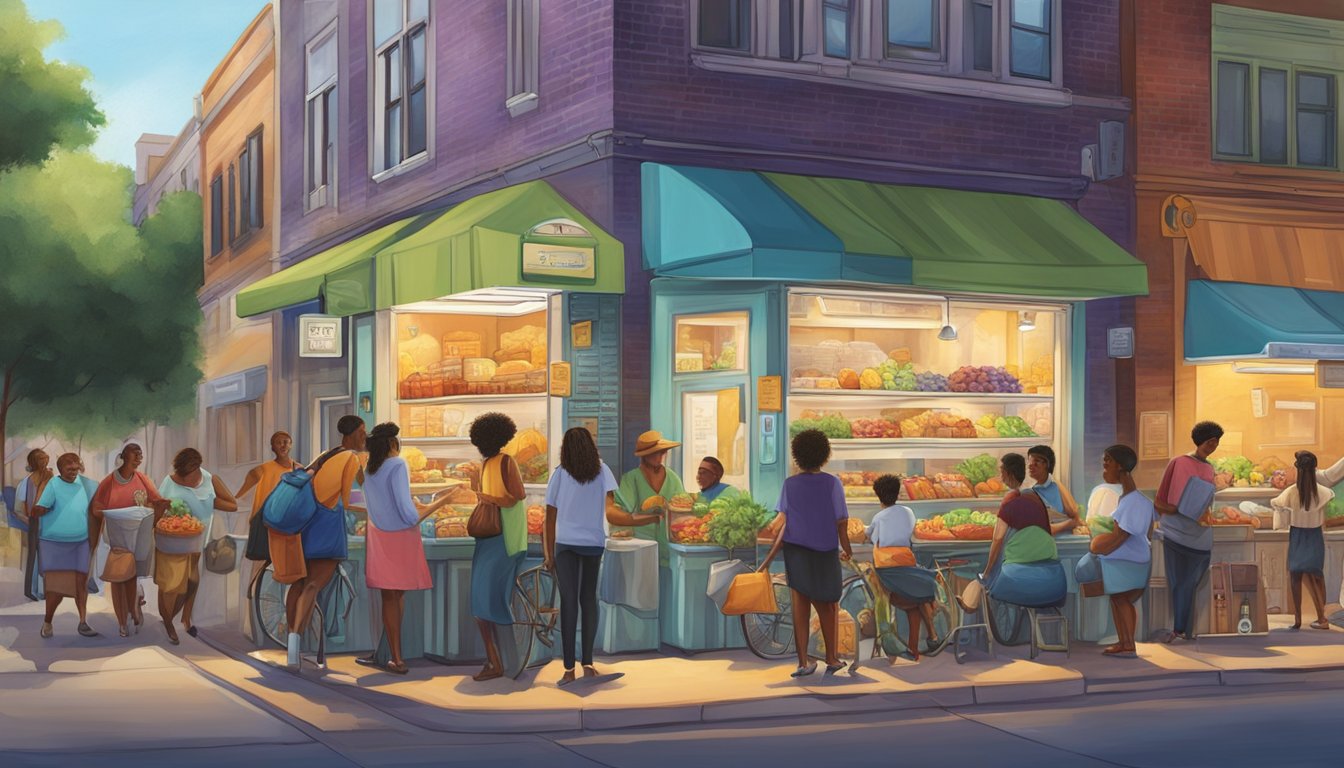 A bustling street corner in Dallas, Texas, with a colorful community fridge surrounded by diverse individuals exchanging food and goods