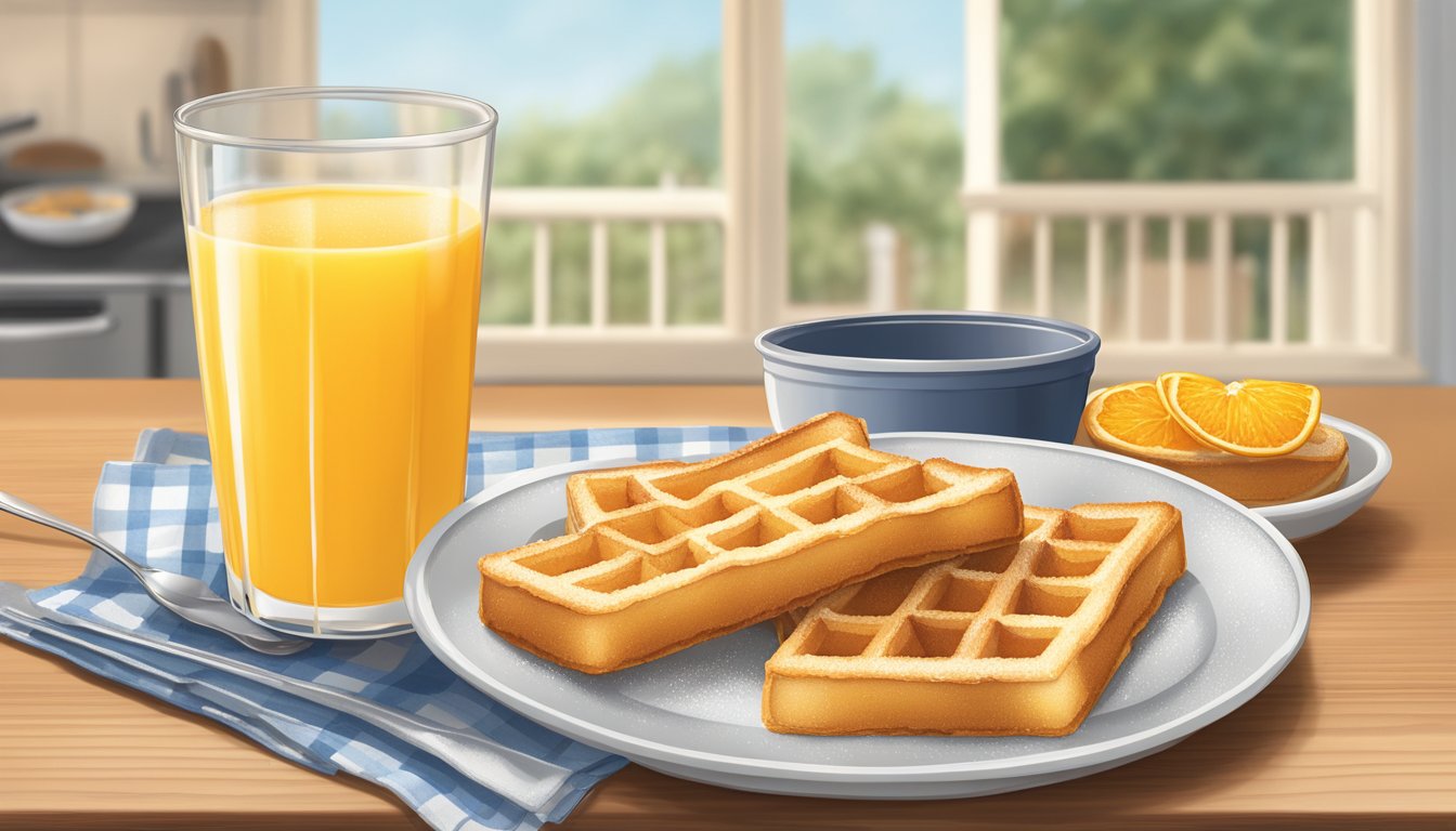 A plate of Eggo French toast sticks next to a glass of orange juice on a kitchen table. The sticks are golden brown and crispy, with a light dusting of powdered sugar on top