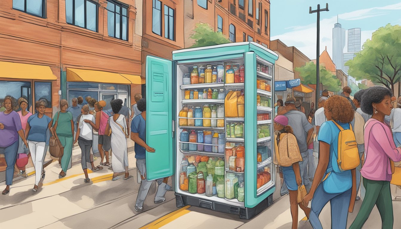 A bustling street in Dallas, Texas, with a colorful community fridge surrounded by people accessing it