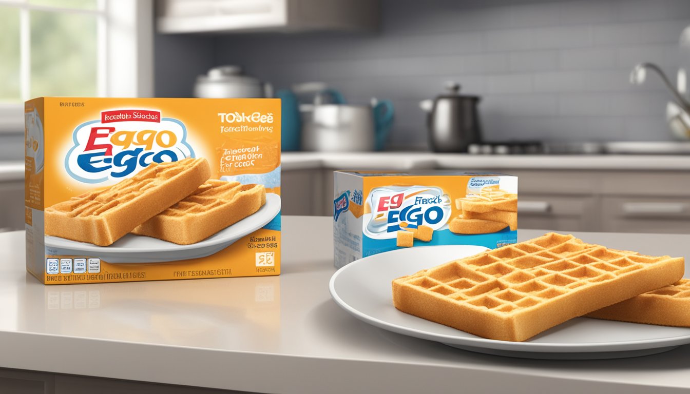 A plate of frozen French toast sticks with a box of Eggo brand in the background on a kitchen counter