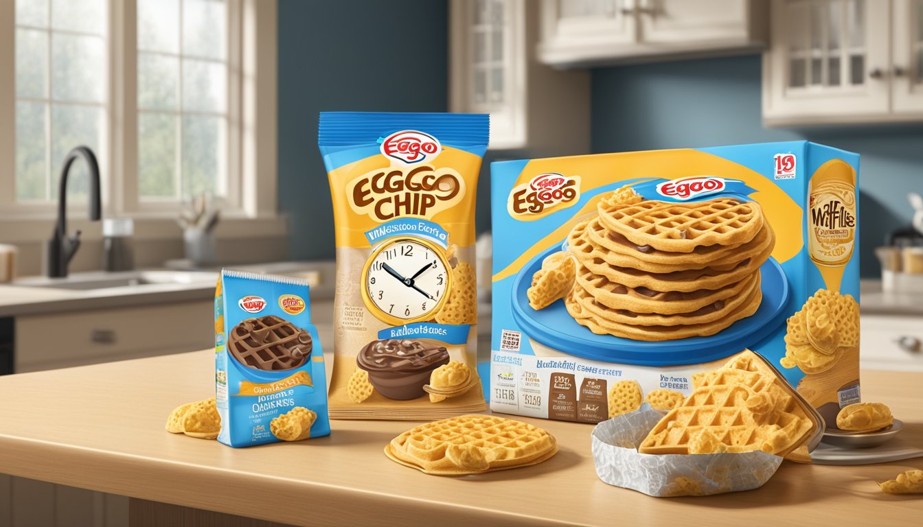 A box of Eggo chocolate chip waffles sits on a kitchen counter, surrounded by a calendar and a clock, with the waffles still sealed in their packaging