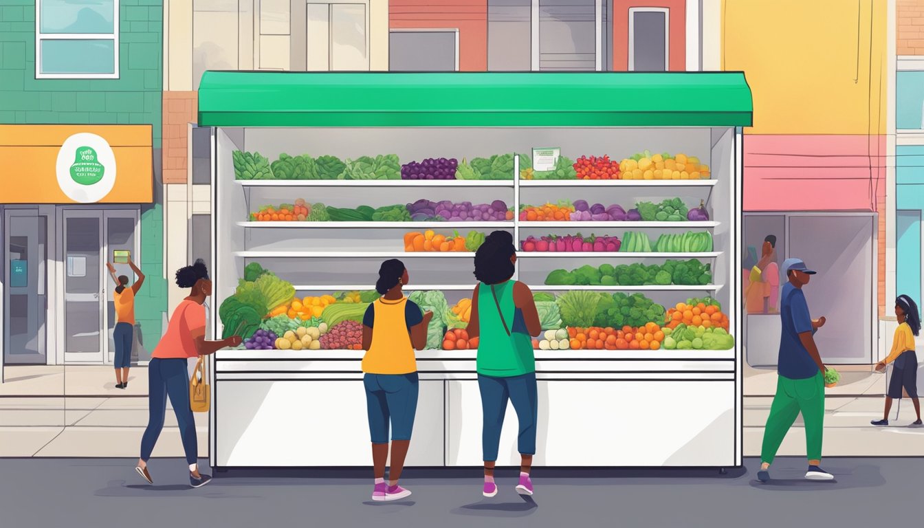 A diverse group of people donates fresh produce and packaged goods to a brightly colored community fridge in Dallas, Texas