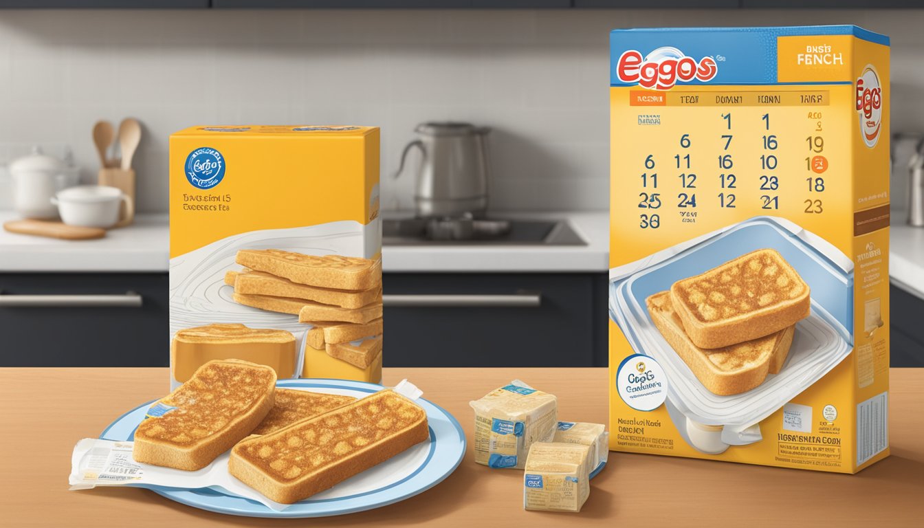 A box of Eggo French toast sticks sits on a kitchen counter next to a calendar with the date circled. The sticks are still in their packaging, unopened and untouched