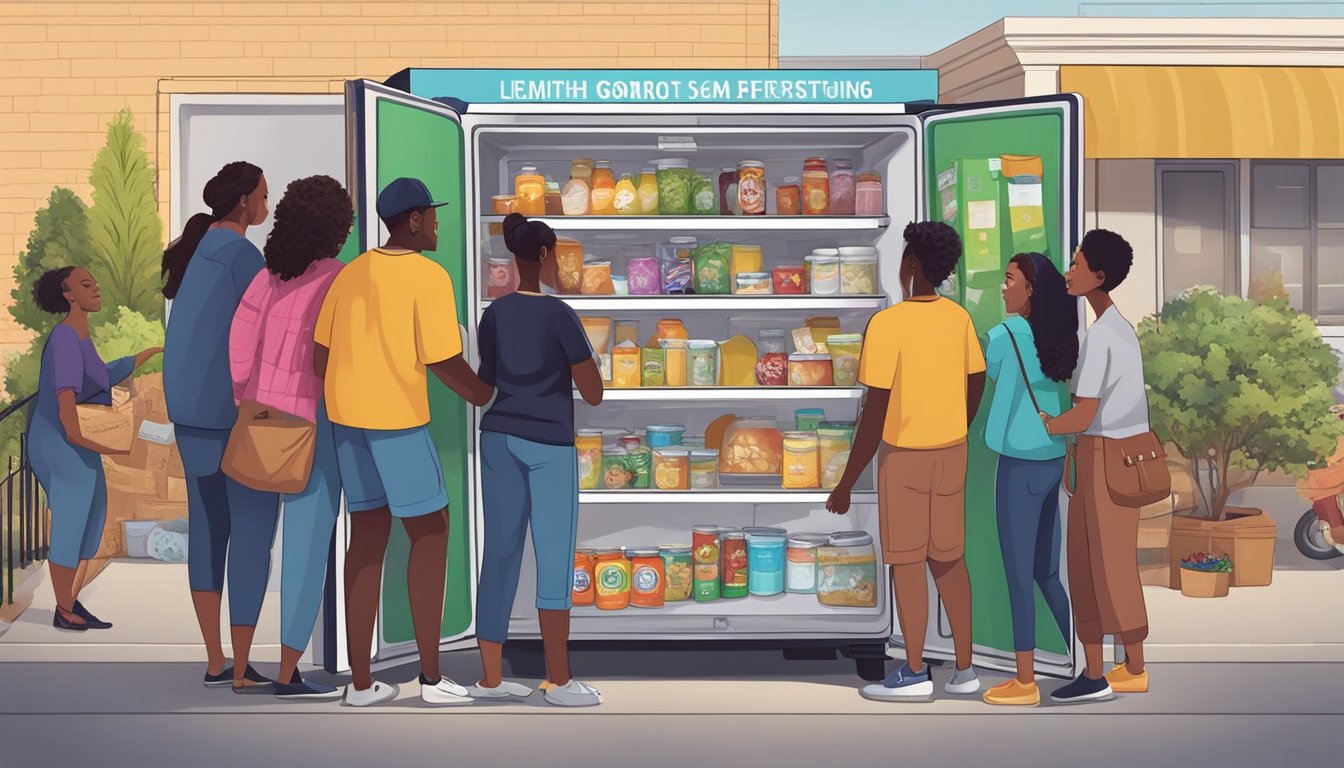 A diverse group of people from the Fort Worth community gather around a brightly decorated community fridge, donating and retrieving food items