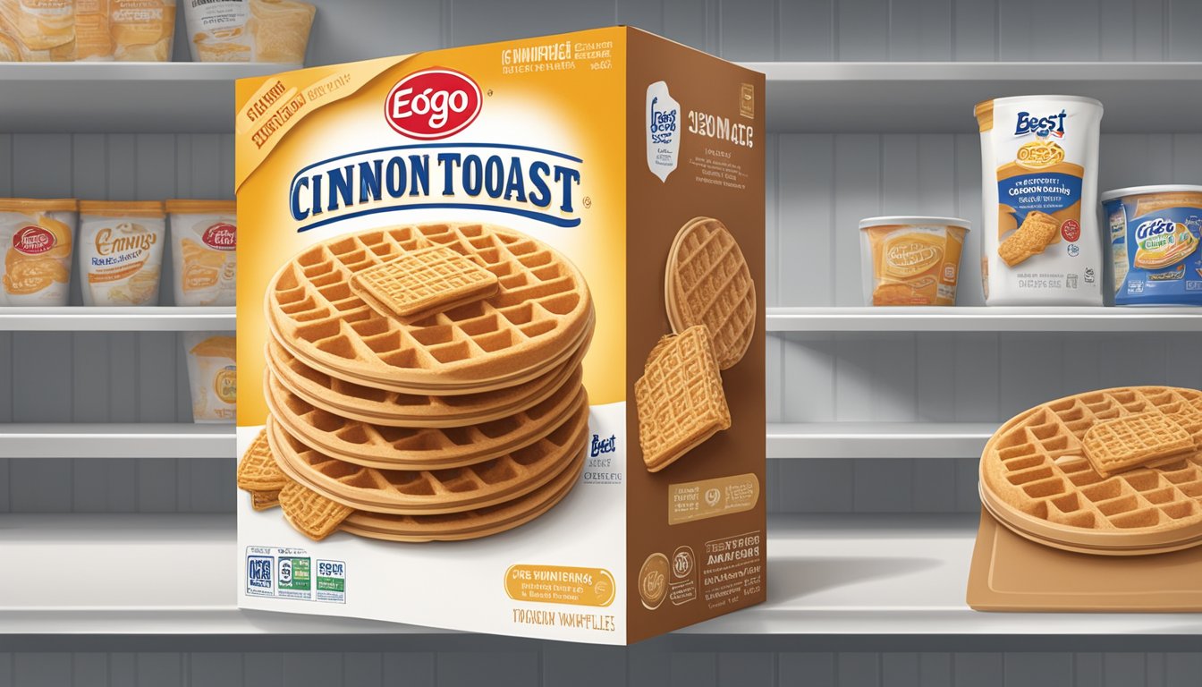 A box of Eggo Cinnamon Toast Waffles sits on a pantry shelf, with a best-by date visible on the packaging