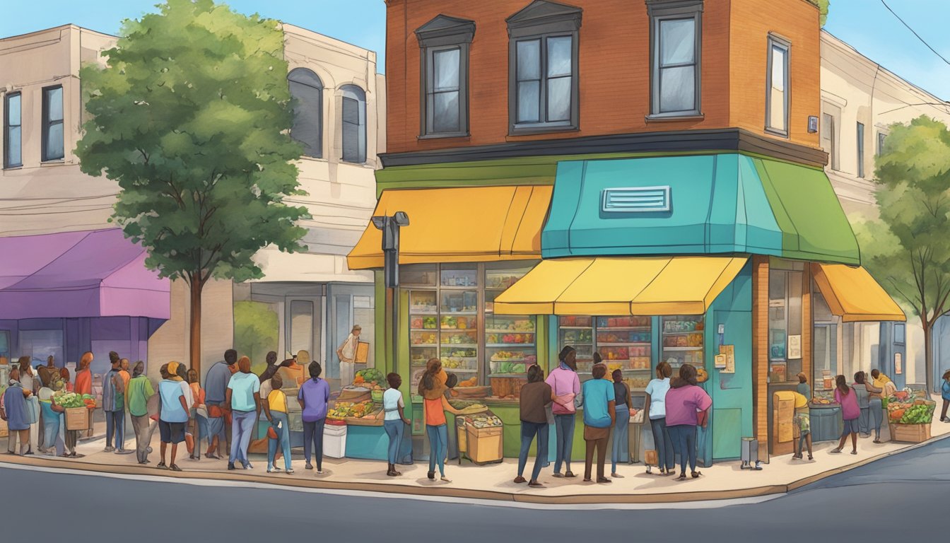 A bustling street corner in Dallas, Texas, with a colorful community fridge surrounded by people donating and taking food