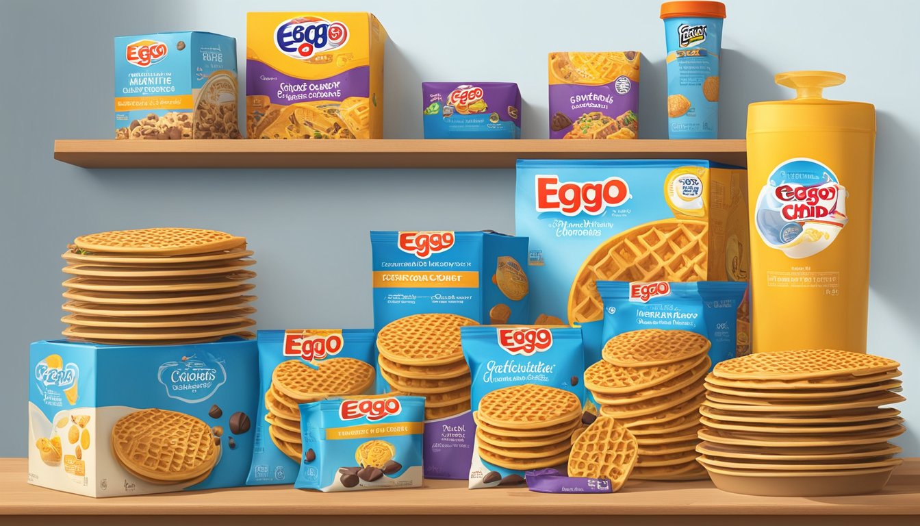 A stack of Eggo chocolate chip waffles sits on a pantry shelf, surrounded by other breakfast items. The packaging is vibrant and enticing, with a clear expiration date displayed