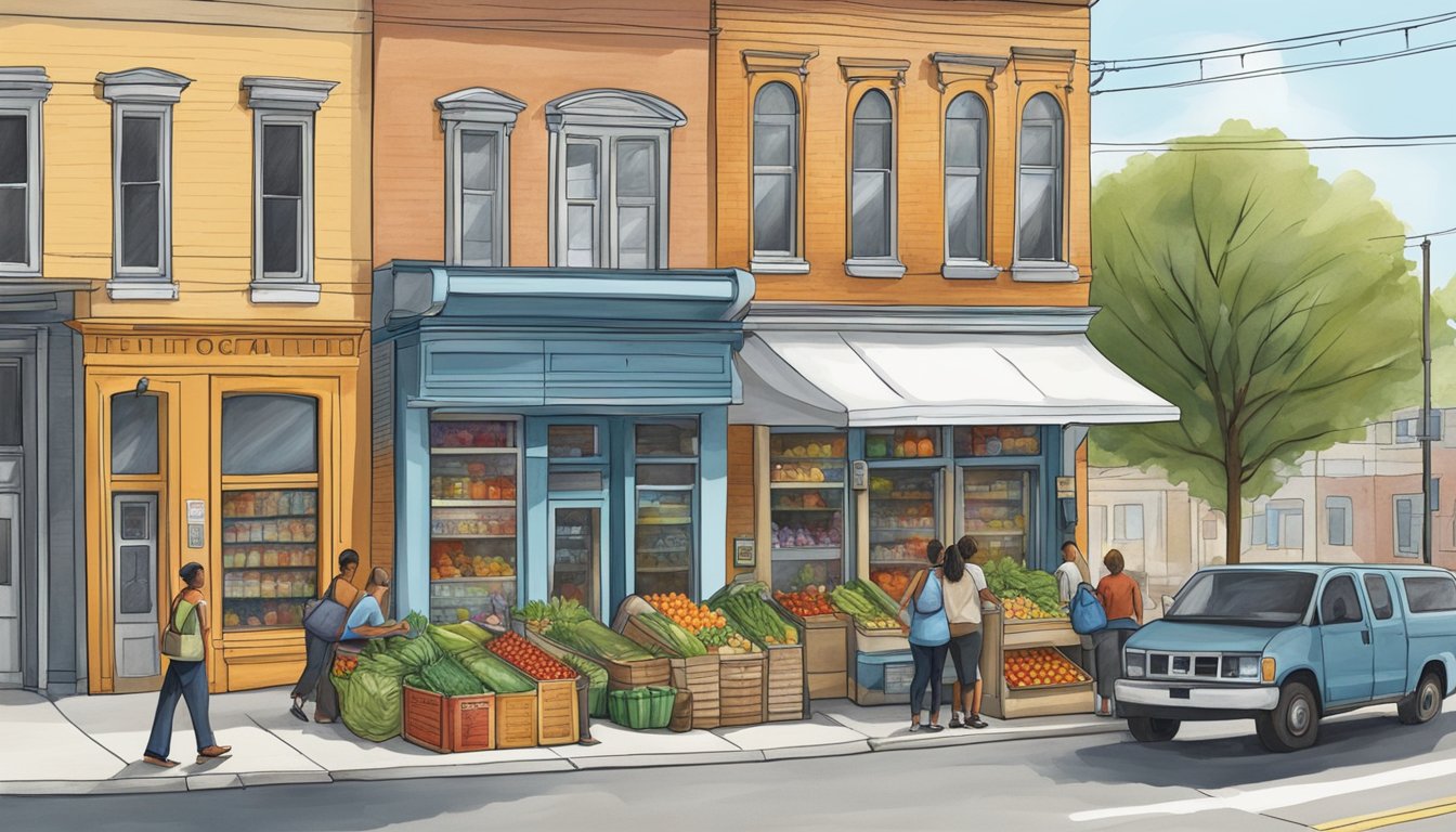 A bustling street corner in Chattanooga, TN, with a colorful local community fridge filled with fresh produce and canned goods