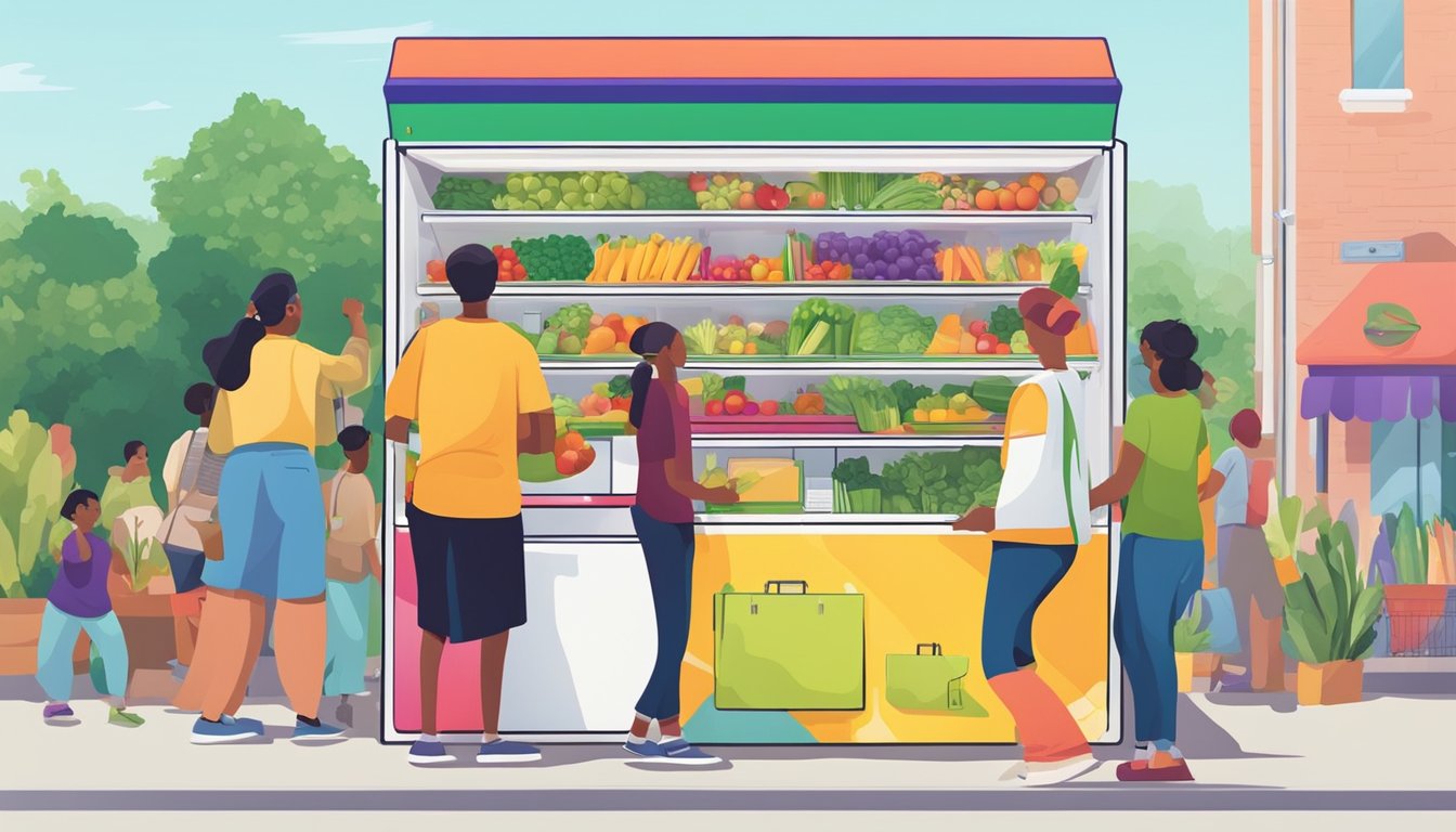 A brightly colored community fridge stands open, filled with fresh produce and packaged goods. People of all ages and backgrounds gather around, exchanging items and sharing smiles