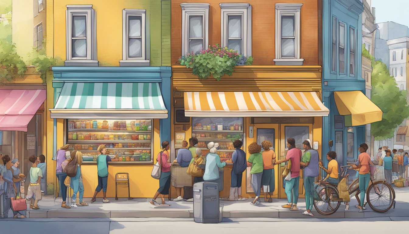 A bustling street corner with a colorful, well-stocked community fridge surrounded by people exchanging food and sharing stories