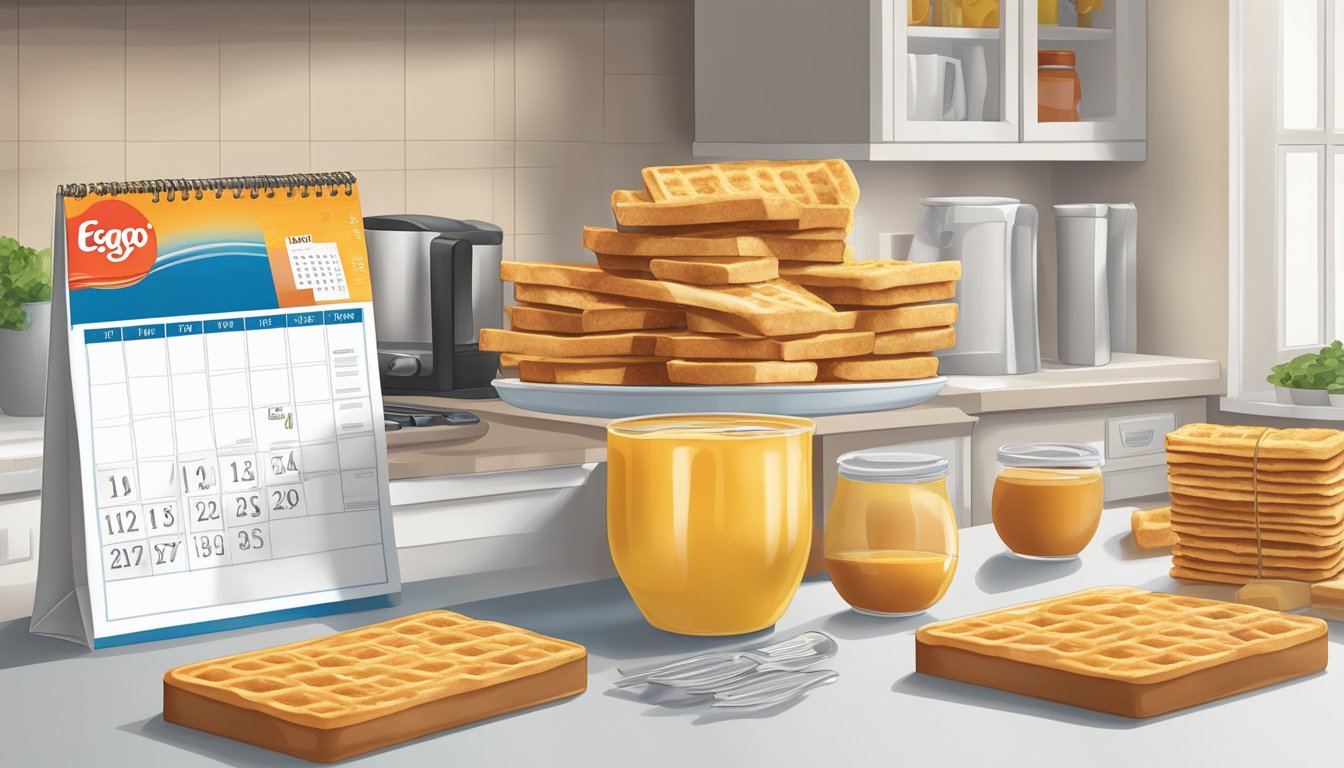 A kitchen pantry with a box of Eggo French toast sticks next to a calendar showing the current date