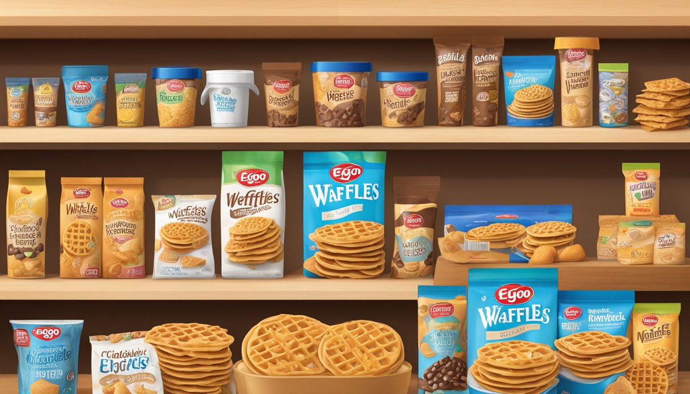 A pantry shelf with a box of Eggo chocolate chip waffles, surrounded by other frozen food items