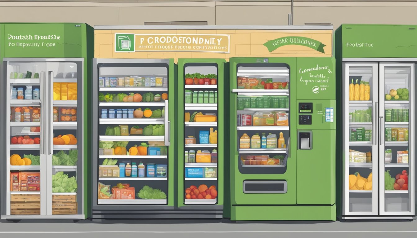 A community fridge in Chattanooga, TN filled with fresh produce, canned goods, and hygiene products, with a sign displaying donation guidelines