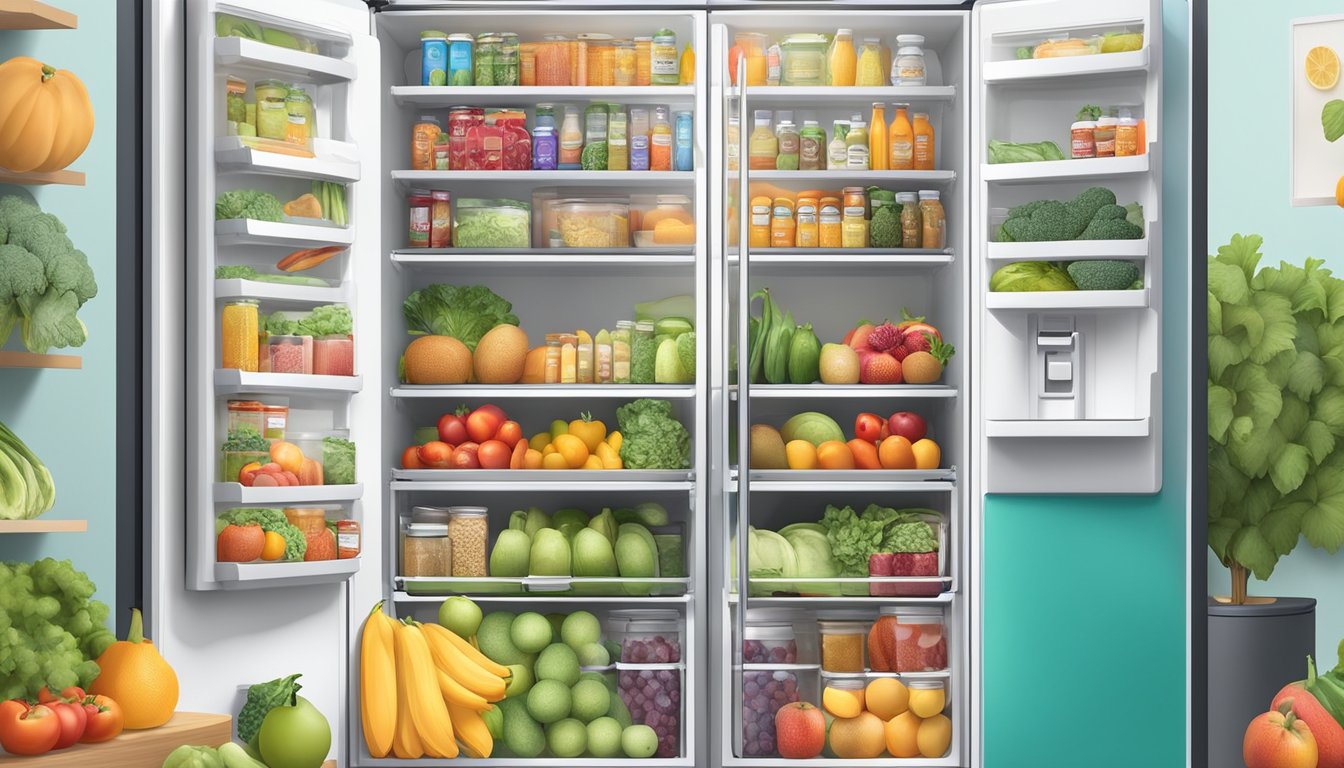 A vibrant community fridge surrounded by a diverse array of fresh fruits, vegetables, and essential pantry items, with educational posters promoting health and nutrition