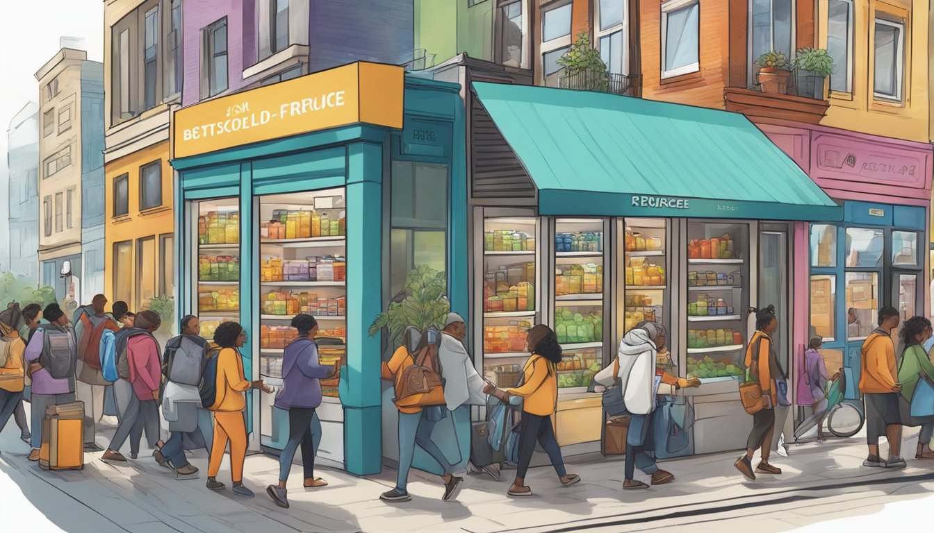 A bustling city street with a colorful, well-stocked community fridge surrounded by diverse individuals accessing and contributing to the resource